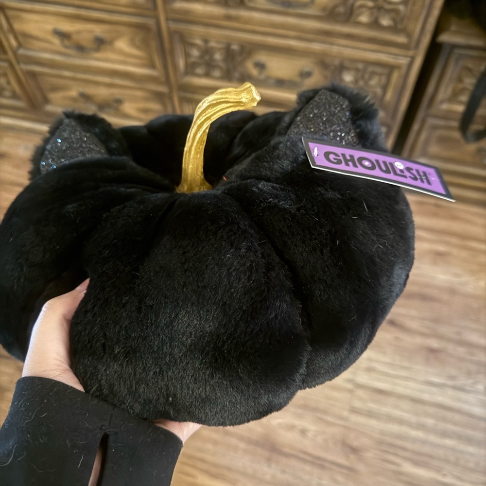 Black Plush Pumpkin with Gold Stem